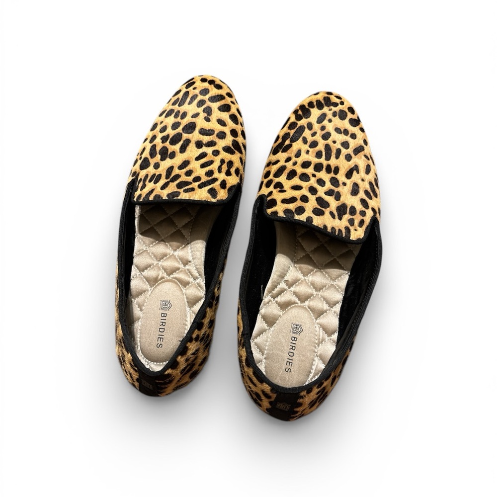 Birdies Leopard-Print Hair Calf Slip-On Flats in Tan and Black